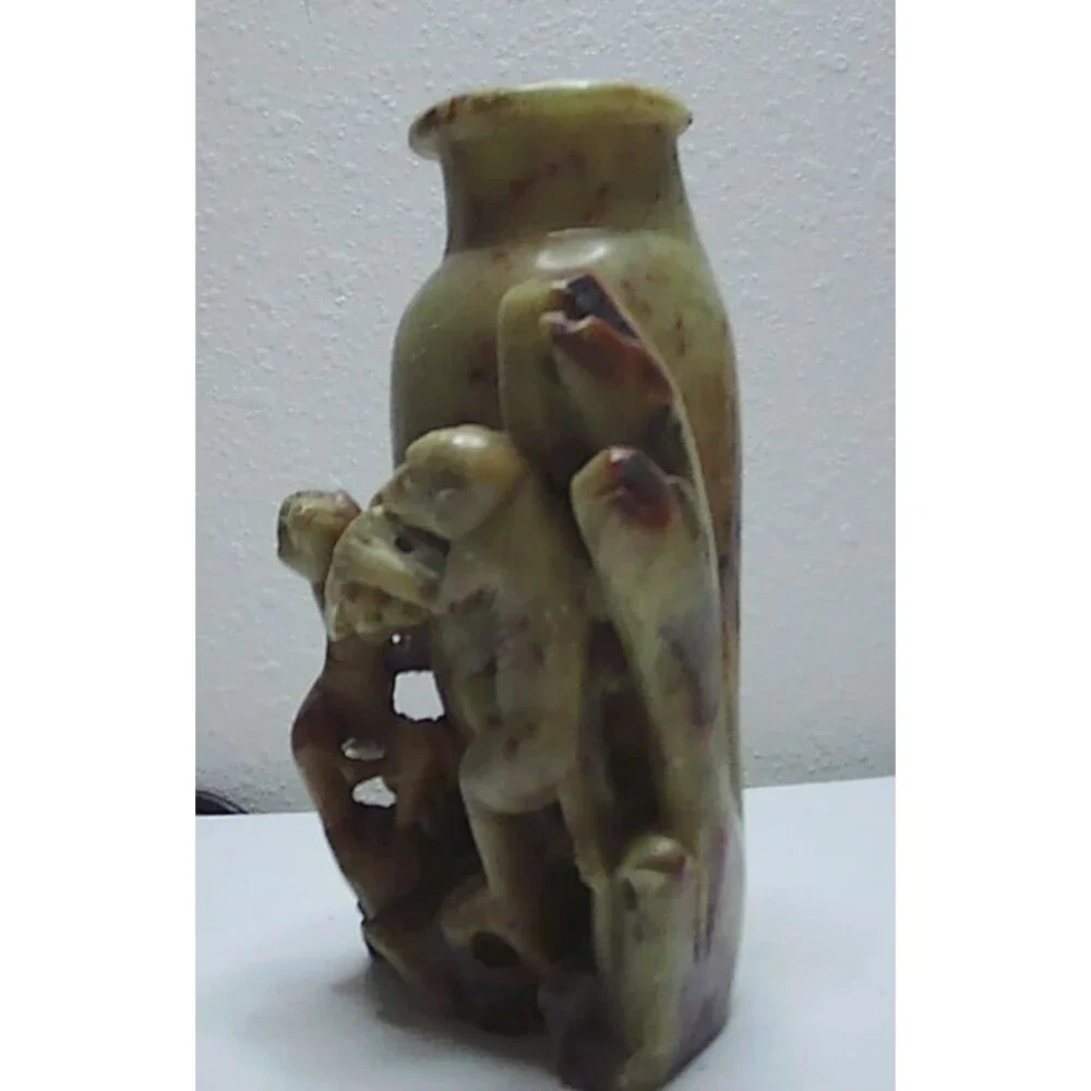 Vintage Asian China Hand Carved Two Monkeys Soapstone Vase Holder  5.5
